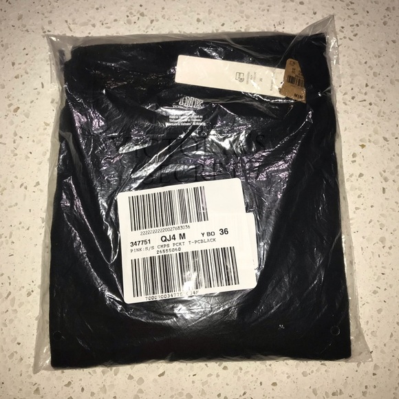 VS VICTORIAS SECRET PINK CAMPUS SHORT SLEEVE TEE TOP BLACK BLUR LOGO M - Picture 7 of 7